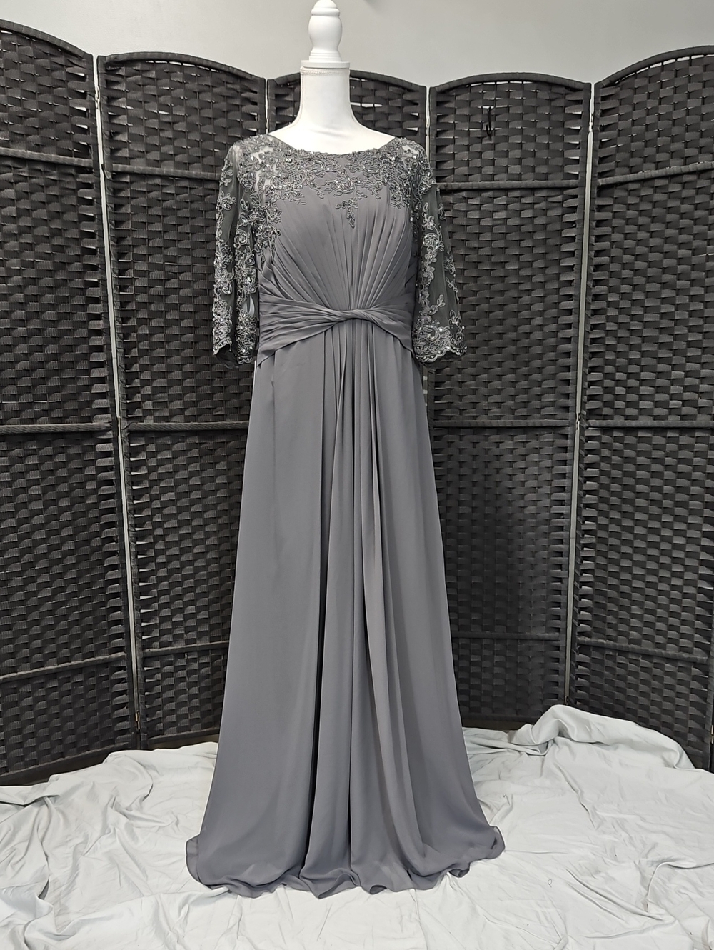 Elegant Gray Embroidered Evening Gown